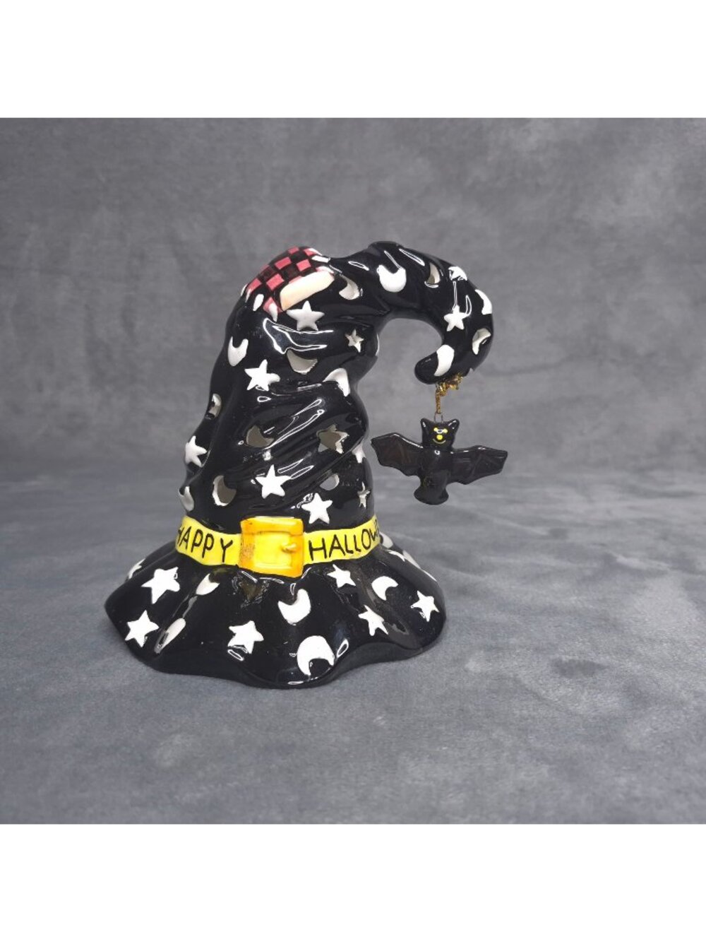 Happy Halloween Ceramic Witch Hat Candle Holder Bat Charm